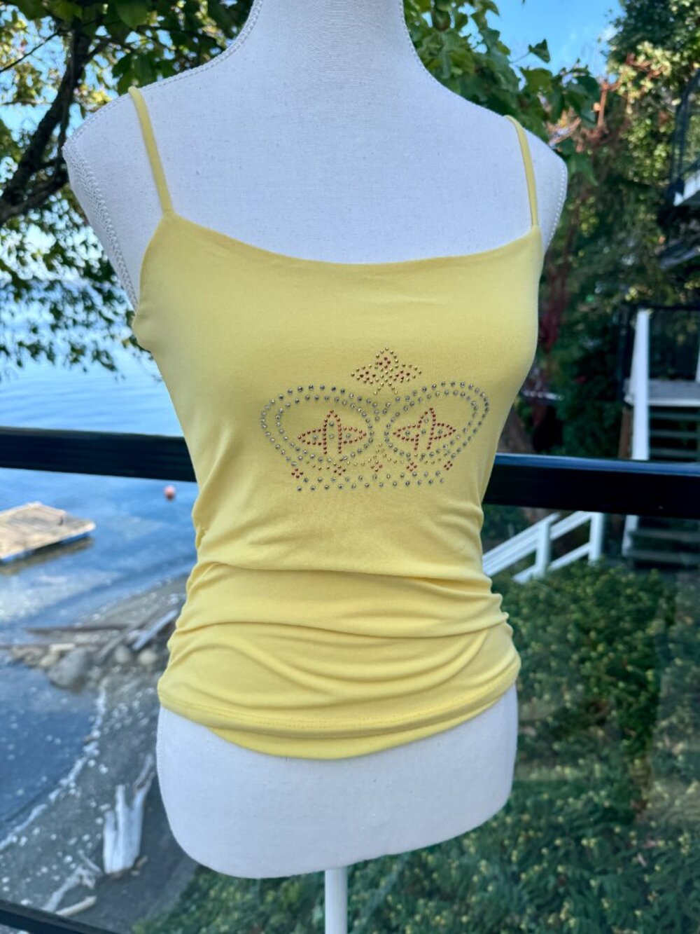Y2K Vintage Light Yellow Strappy Tank Top With Rhinestone Crown
